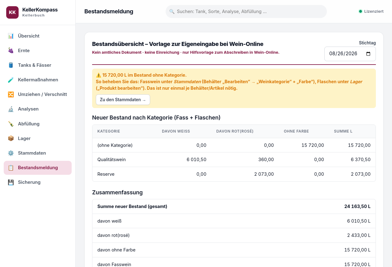 Bestandsmeldung – Ausfüllhilfe für Wein-Online